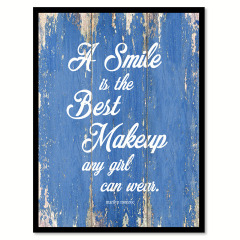 A smile is the best makeup any girl can wear - Marilyn Monroe  Inspirational Quote Saying Canvas Print with Picture Frame Home Decor Wall Art, Blue