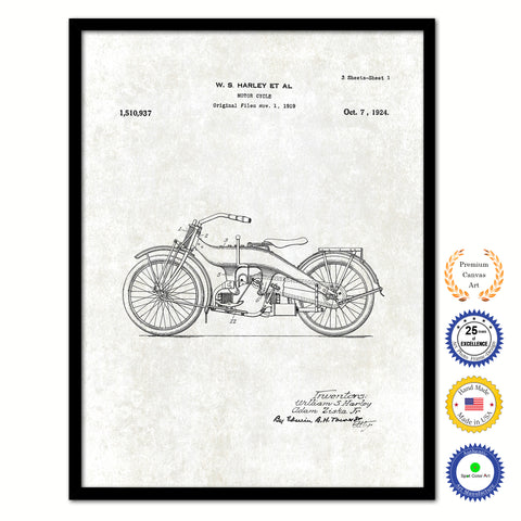 1924 Motor Cycle Old Patent Art Print on Canvas Custom Framed Vintage Home Decor Wall Decoration Great for Gifts