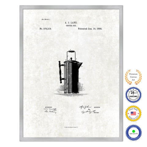 1888 Coffee Pot Antique Patent Artwork Silver Framed Canvas Print Home Office Decor Great for Coffee Lover Cafe Tea Shop