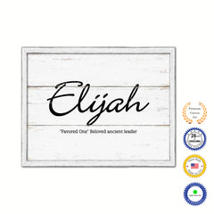 Elijah Name Plate White Wash Wood Frame Canvas Print Boutique Cottage Decor Shabby Chic