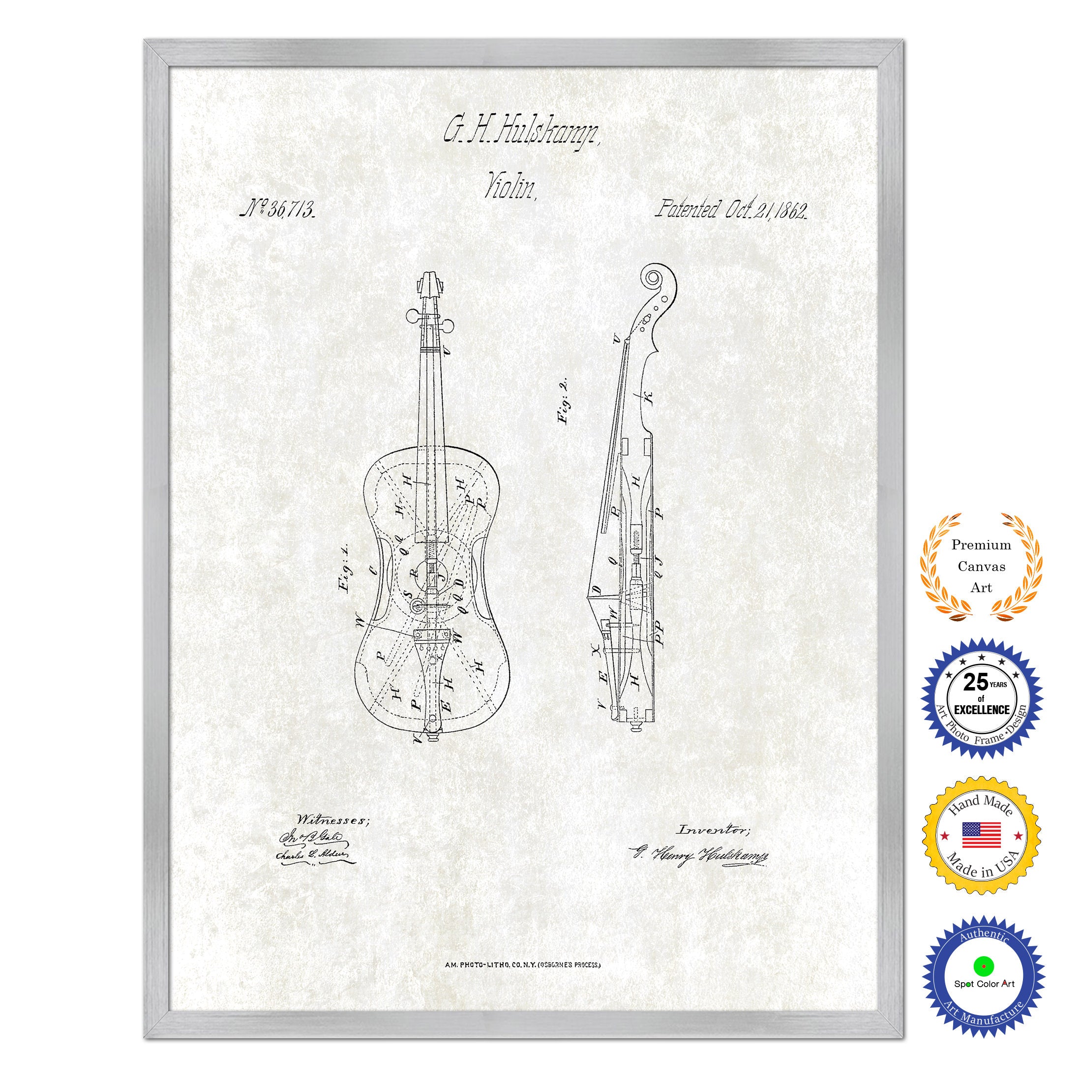 1862 Violin Old Patent Art Print on Canvas Custom Framed Vintage Home Decor Wall Decoration Great for Gifts