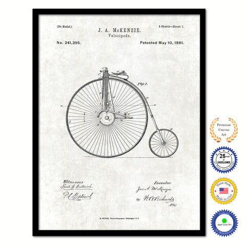1881 Velocipede Old Patent Art Print on Canvas Custom Framed Vintage Home Decor Wall Decoration Great for Gifts