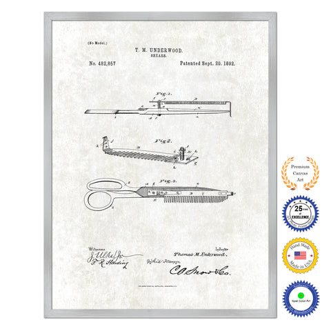 1892 Barber Shears Antique Patent Artwork Silver Framed Canvas Print Home Office Decor Great Gift for Barber Salon Hair Stylist