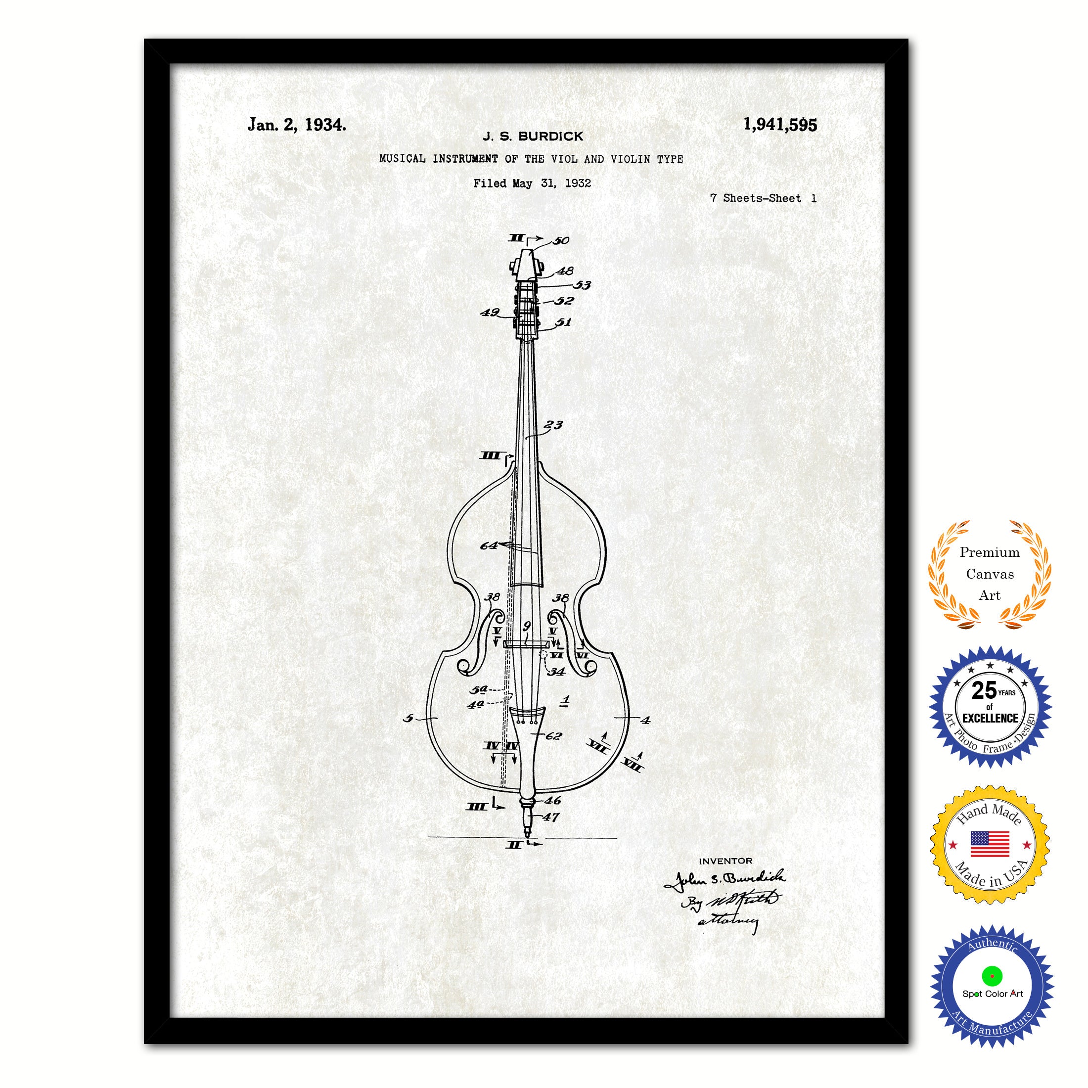 1934 Violin Old Patent Art Print on Canvas Custom Framed Vintage Home Decor Wall Decoration Great for Gifts