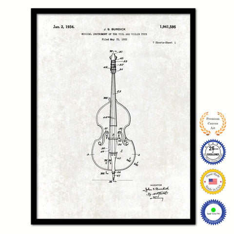 1934 Violin Old Patent Art Print on Canvas Custom Framed Vintage Home Decor Wall Decoration Great for Gifts