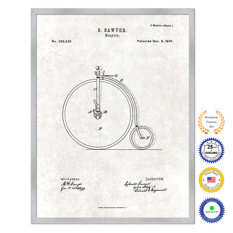 1879 Bicycle Old Patent Art Print on Canvas Custom Framed Vintage Home Decor Wall Decoration Great for Gifts