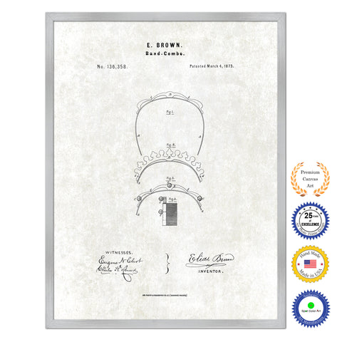1873 Barber Band Combs Antique Patent Artwork Silver Framed Canvas Print Home Office Decor Great Gift for Barber Salon Hair Stylist