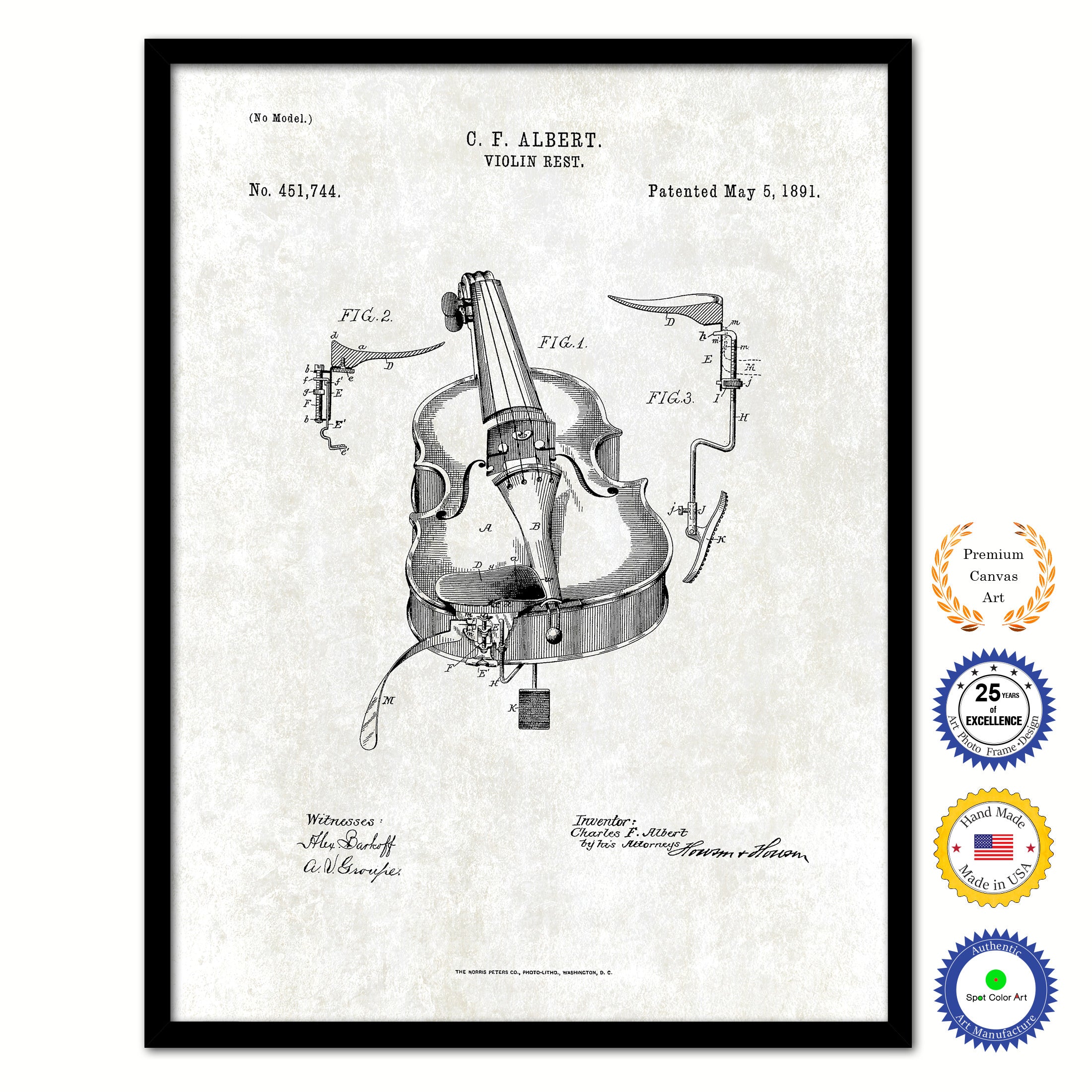 1891 Violin Rest Old Patent Art Print on Canvas Custom Framed Vintage Home Decor Wall Decoration Great for Gifts