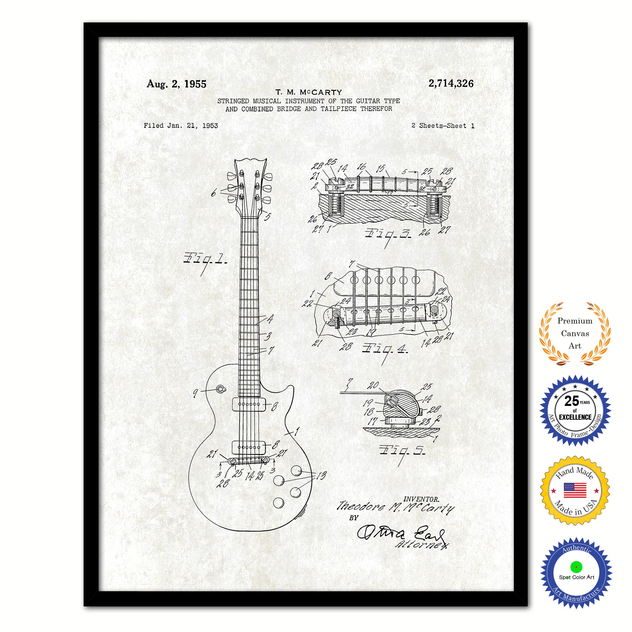 1955 Guitar Old Patent Art Print on Canvas Custom Framed Vintage Home Decor Wall Decoration Great for Gifts