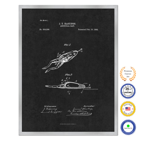 1895 Fishing Artificial Bait Antique Patent Artwork Silver Framed Canvas Home Office Decor Great for Fisherman Cabin Lake House