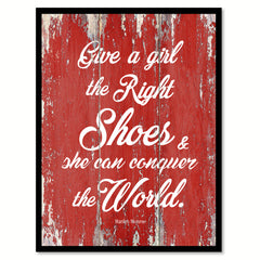 Give a girl the right shoes & she can conquer the world - Marilyn Monroe Quote Saying Canvas Print with Picture Frame Home Decor Wall Art, Red