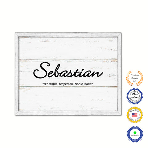 Sebastian Name Plate White Wash Wood Frame Canvas Print Boutique Cottage Decor Shabby Chic