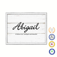 Abigail Name Plate White Wash Wood Frame Canvas Print Boutique Cottage Decor Shabby Chic