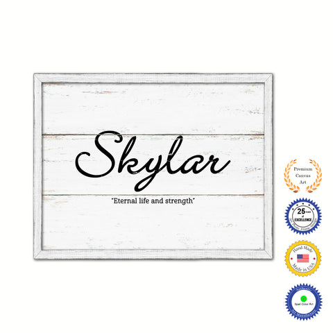 Skylar Name Plate White Wash Wood Frame Canvas Print Boutique Cottage Decor Shabby Chic