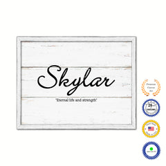 Skylar Name Plate White Wash Wood Frame Canvas Print Boutique Cottage Decor Shabby Chic