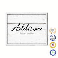 Addison Name Plate White Wash Wood Frame Canvas Print Boutique Cottage Decor Shabby Chic