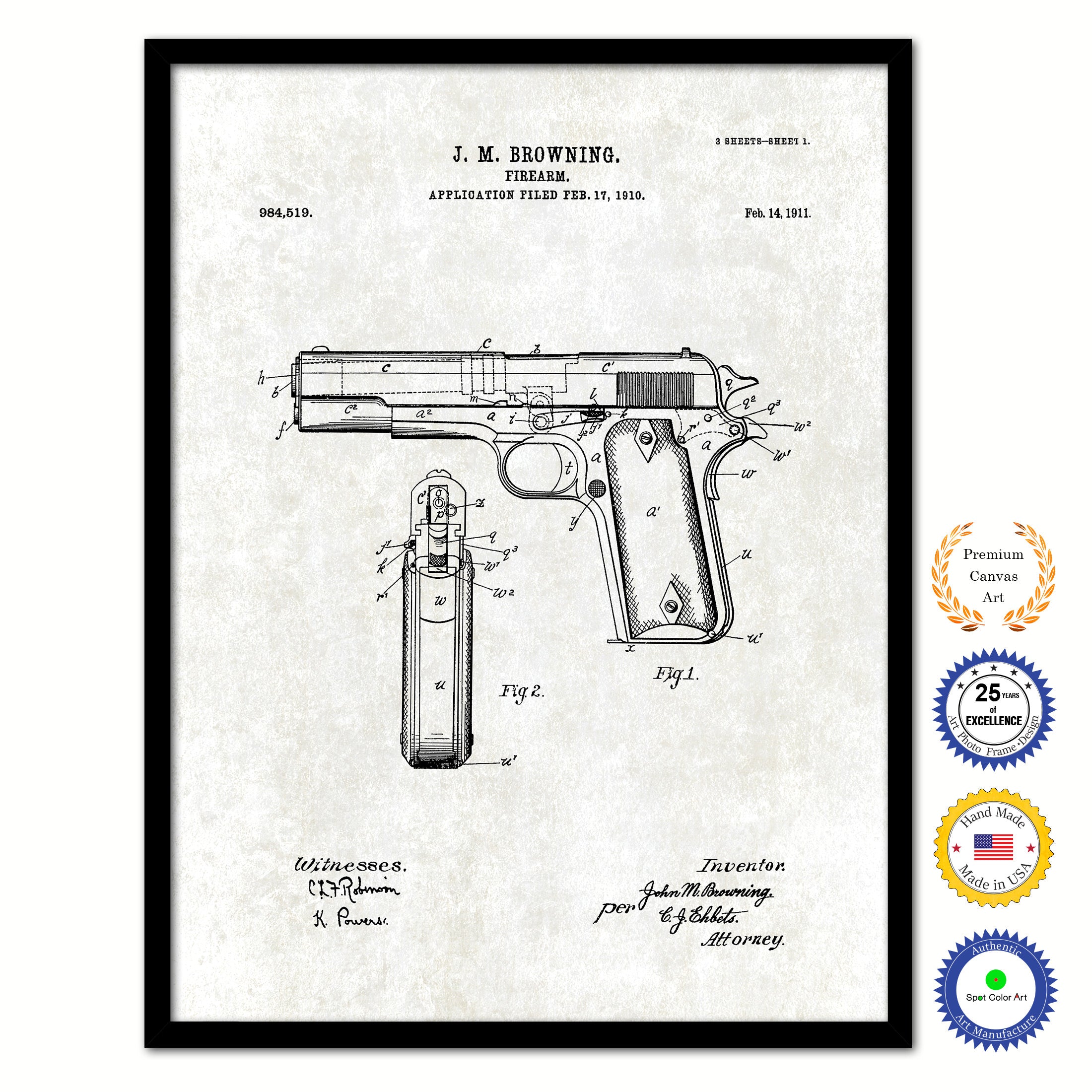 1911 Handgun Firearm Old Patent Art Print on Canvas Custom Framed Vintage Home Decor Wall Decoration Great for Gifts