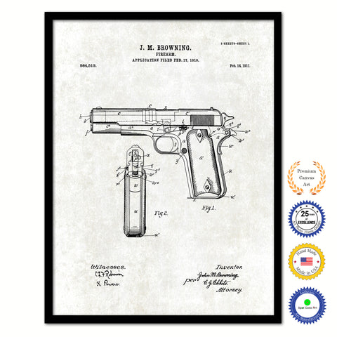 1911 Handgun Firearm Old Patent Art Print on Canvas Custom Framed Vintage Home Decor Wall Decoration Great for Gifts