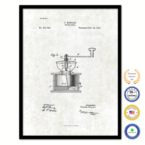 1891 Coffee Mill Grinder Vintage Patent Artwork Black Framed Canvas Print Home Office Decor Great for Coffee Spice Lover Cafe Shop