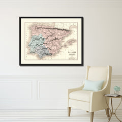 Spain Portugal Vintage Antique Map Wall Art Home Decor Gift Ideas Canvas Print Custom Picture Frame