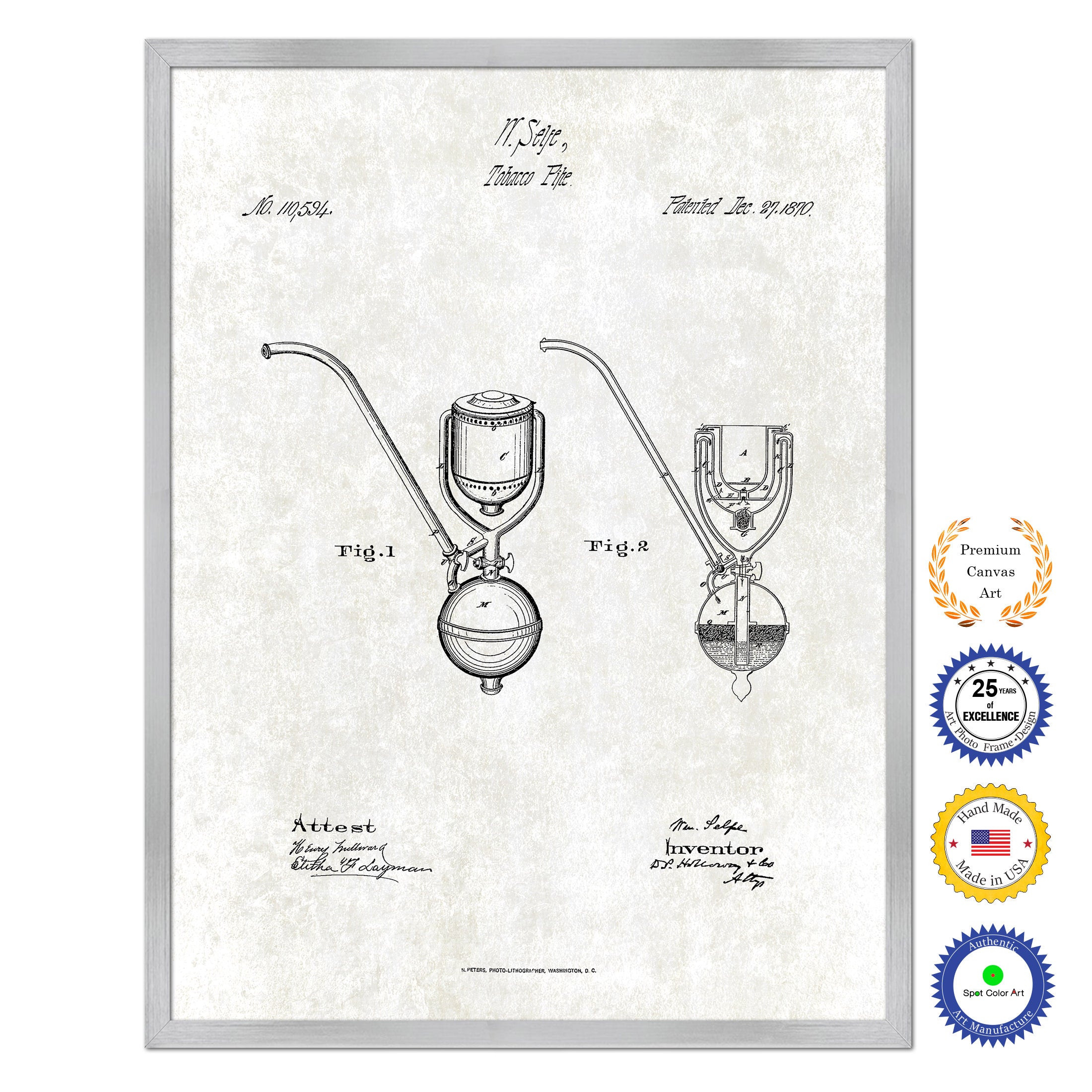 1870 Tobacco Pipe Old Patent Art Print on Canvas Custom Framed Vintage Home Decor Wall Decoration Great for Gifts
