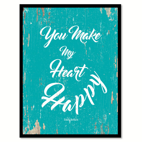 You make my heart happy - Emily Beckett Romantic Quote Saying Canvas Print with Picture Frame Home Decor Wall Art, Aqua