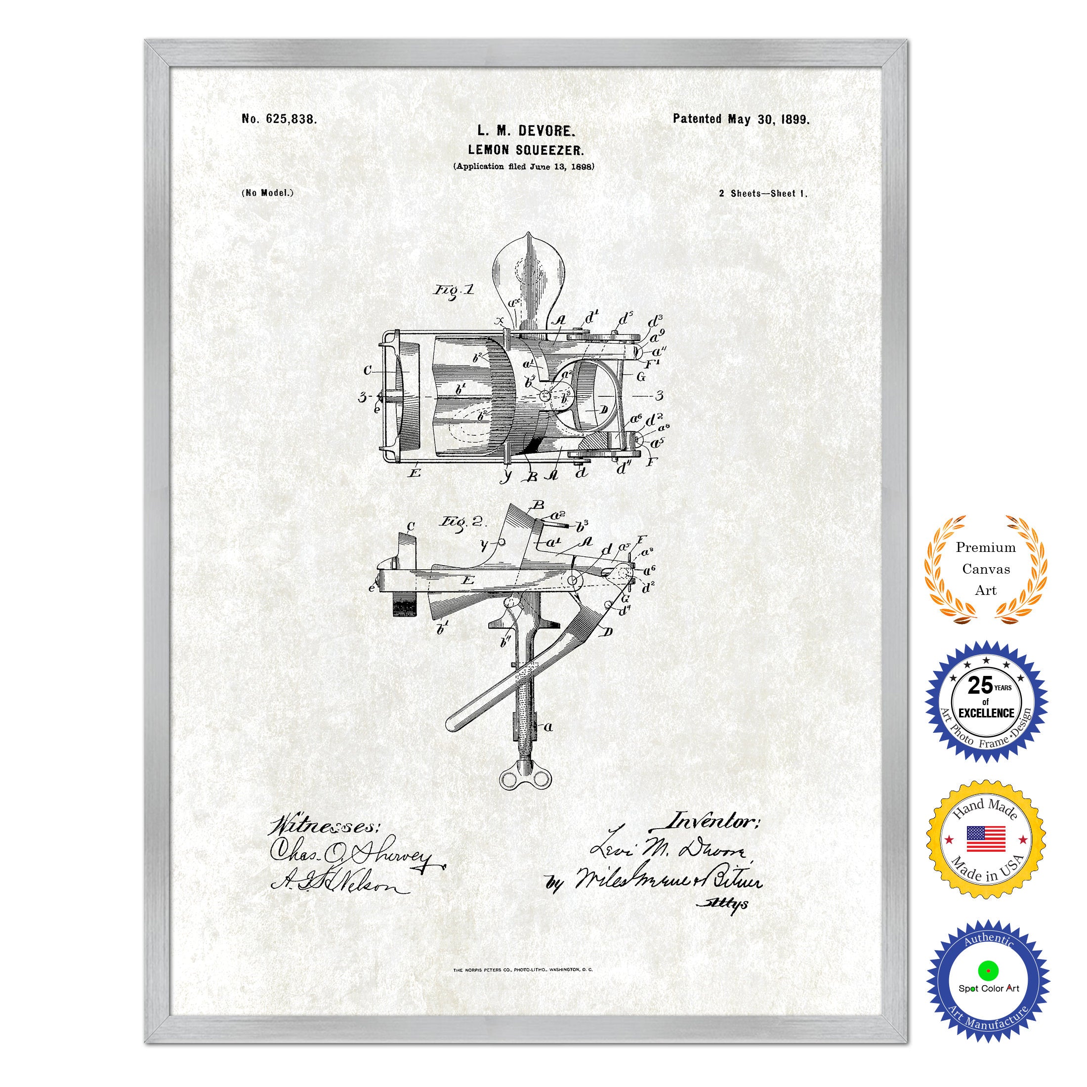 1899 Lemon Squeezer Old Patent Art Print on Canvas Custom Framed Vintage Home Decor Wall Decoration Great for Gifts