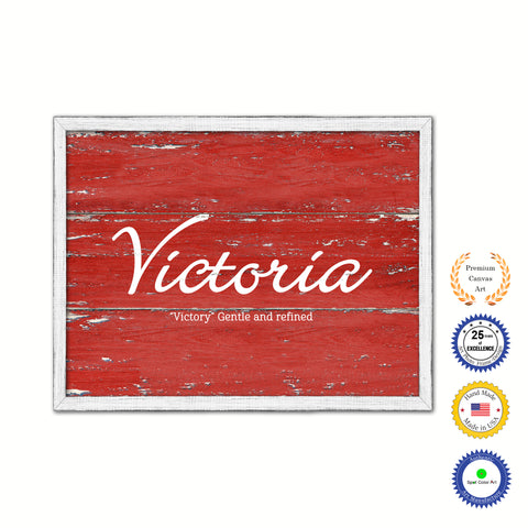 Victoria Name Plate White Wash Wood Frame Canvas Print Boutique Cottage Decor Shabby Chic