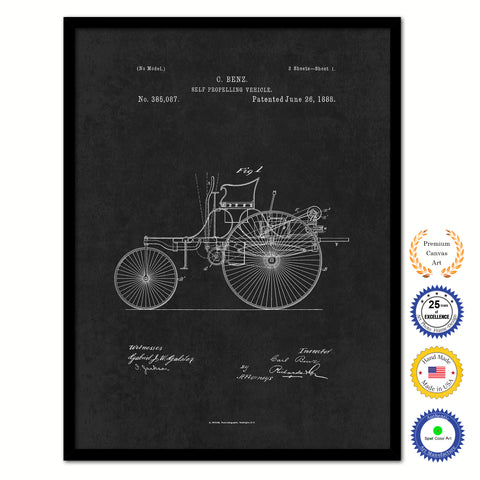 1888 Carl Benz Self Propelling Vehicle Vintage Patent Artwork Black Framed Canvas Home Office Decor Great Gift for Mechanic Car Collector