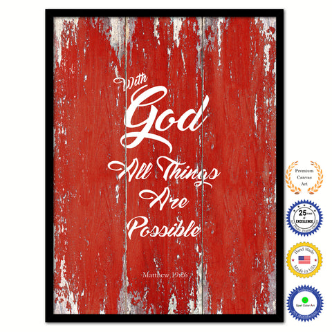 With God All Things Are Possible - Matthew 19:26 Bible Verse Scripture Quote Red Canvas Print with Picture Frame