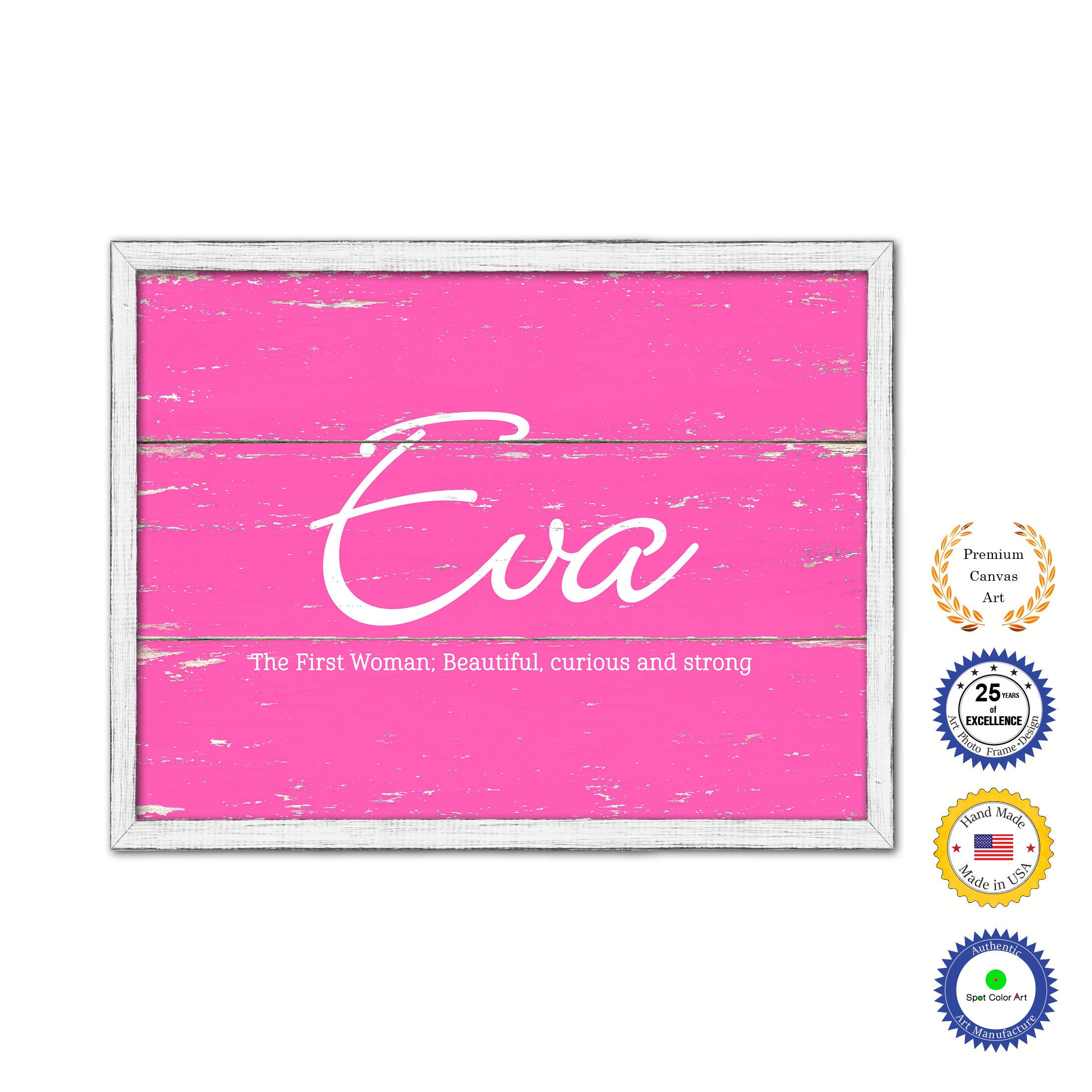 Eva Name Plate White Wash Wood Frame Canvas Print Boutique Cottage Decor Shabby Chic