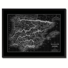 Spain Portugal Vintage Monochrome Map Canvas Print, Gifts Picture Frames Home Decor Wall Art