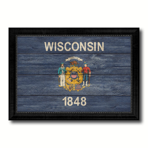 Wisconsin State Flag Texture Canvas Print with Black Picture Frame Home Decor Man Cave Wall Art Collectible Decoration Artwork Gifts