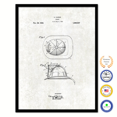 1932 Firefighter Helmet Vintage Patent Artwork Black Framed Canvas Print Home Office Decor Great for Firefighter Fireman Firewoman