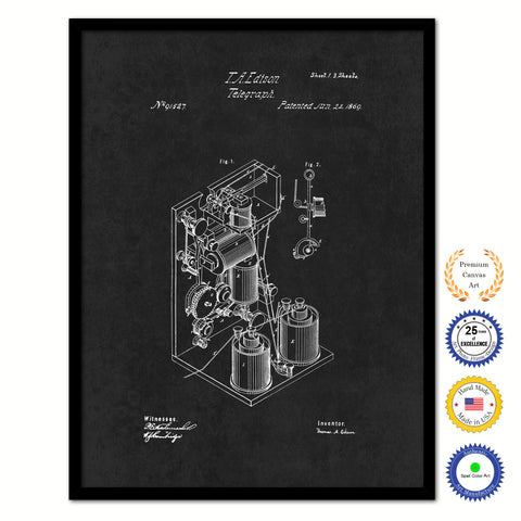 1869 Thomas Edison Telegraph Vintage Patent Artwork Black Framed Canvas Home Office Decor Great for Thomas Edison Lover Electrician Inventor