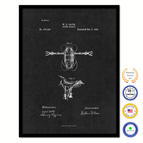 1896 Cowboy Riding Saddle Vintage Patent Artwork Black Framed Canvas Home Office Decor Great for Cowboy Cowgirl Horseback Rider