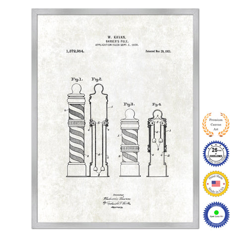 1921 Barber's Pole Antique Patent Artwork Silver Framed Canvas Print Home Office Decor Great Gift for Barber Salon Hair Stylist
