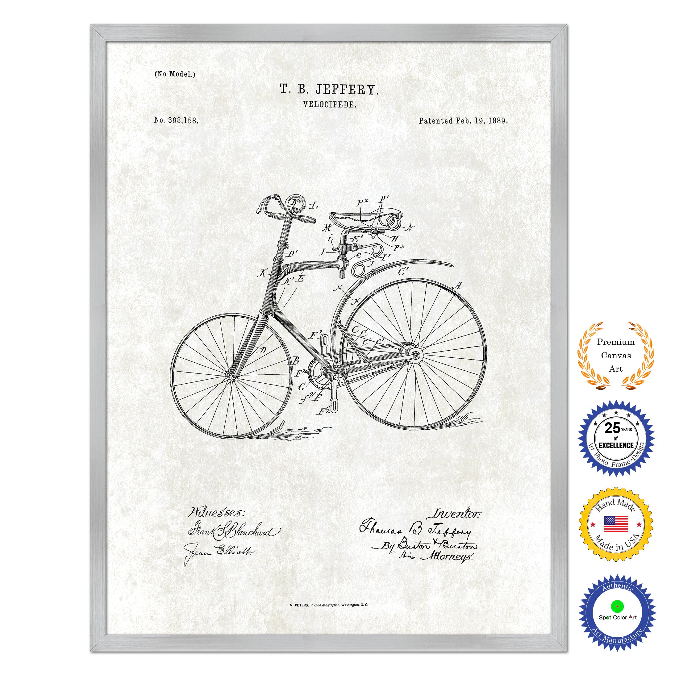 1889 Velocipede Old Patent Art Print on Canvas Custom Framed Vintage Home Decor Wall Decoration Great for Gifts