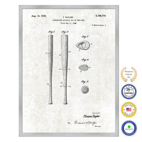 1939 Streamlined Baseball Bat Old Patent Art Print on Canvas Custom Framed Vintage Home Decor Wall Decoration Great for Gifts
