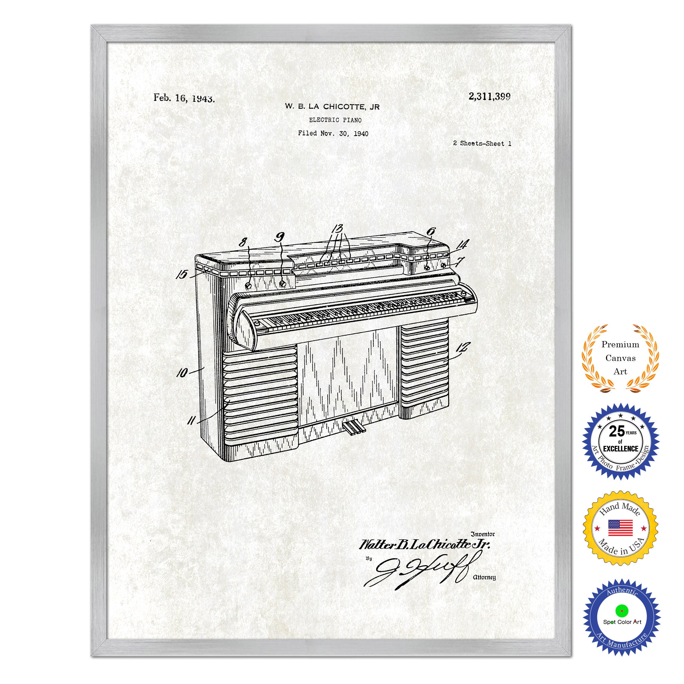 1940 Electric Piano Old Patent Art Print on Canvas Custom Framed Vintage Home Decor Wall Decoration Great for Gifts