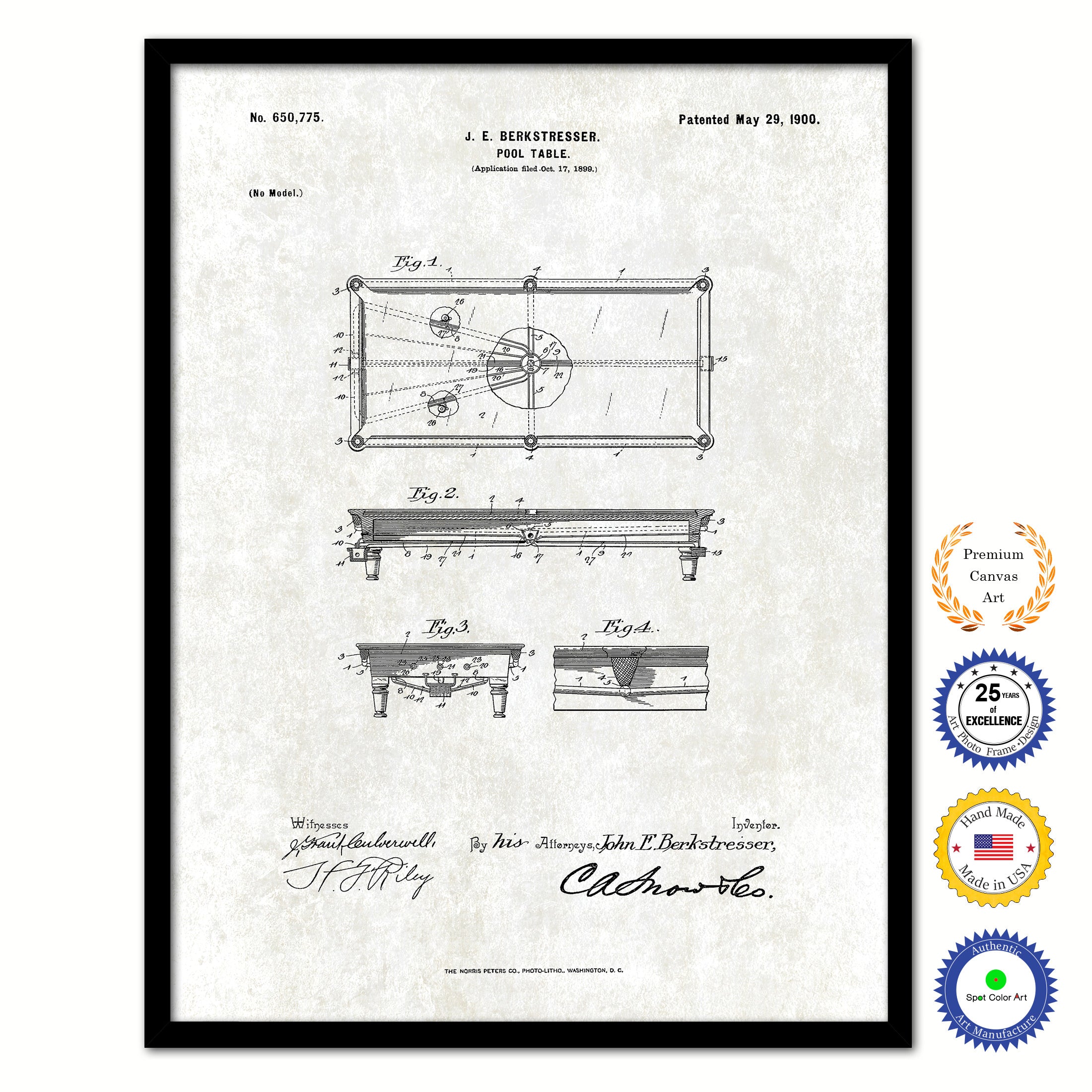 1900 Billiards Pool Table Old Patent Art Print on Canvas Custom Framed Vintage Home Decor Wall Decoration Great for Gifts