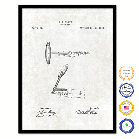 1868 Wine Corkscrew Old Patent Art Print on Canvas Custom Framed Vintage Home Decor Wall Decoration Great for Gifts