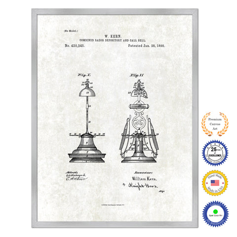 1890 Barber Combined Razor Depository and Call Bell Antique Patent Artwork Silver Framed Canvas Print Home Office Decor Great for Barber Salon