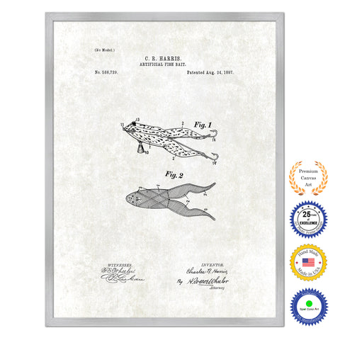 1897 Fishing Artificial Fish Bait Antique Patent Artwork Silver Framed Canvas Print Home Office Decor Great for Fisherman Cabin Lake House