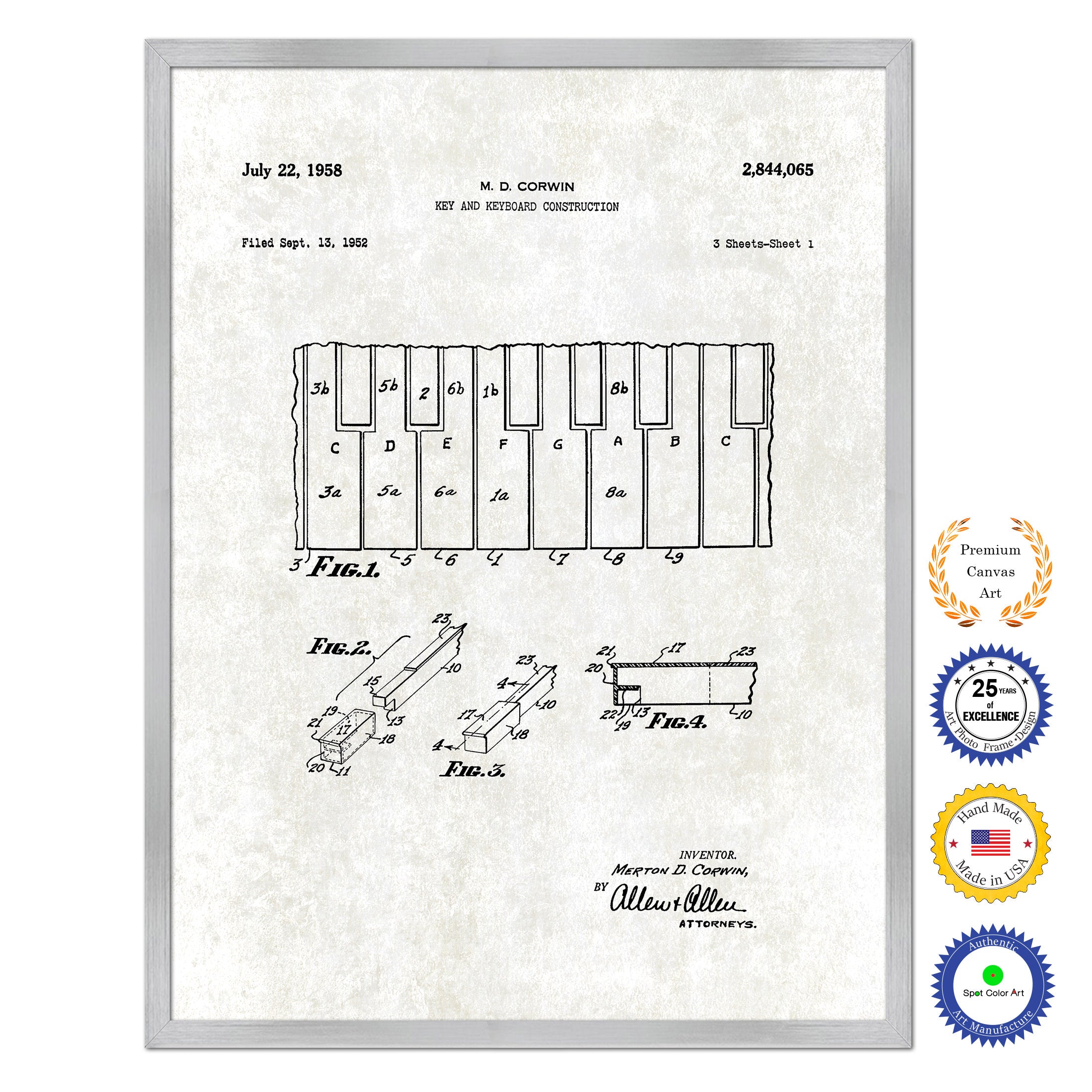 1958 Keyboard Construction Old Patent Art Print on Canvas Custom Framed Vintage Home Decor Wall Decoration Great for Gifts