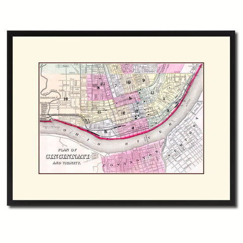 Cincinnati Vintage Antique Map Wall Art Home Decor Gift Ideas Canvas Print Custom Picture Frame