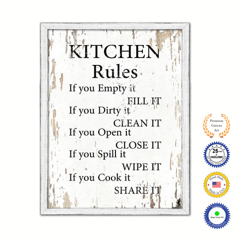 Kitchen Rules Vintage Saying Gifts Home Decor Wall Art Canvas Print with Custom Picture Frame