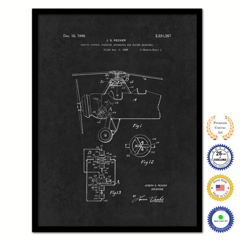 1940 Remote Control Steering Apparatus for Flying Machine Airplane Vintage Patent Artwork Black Framed Canvas Home Office Decor Great for Pilot Gift