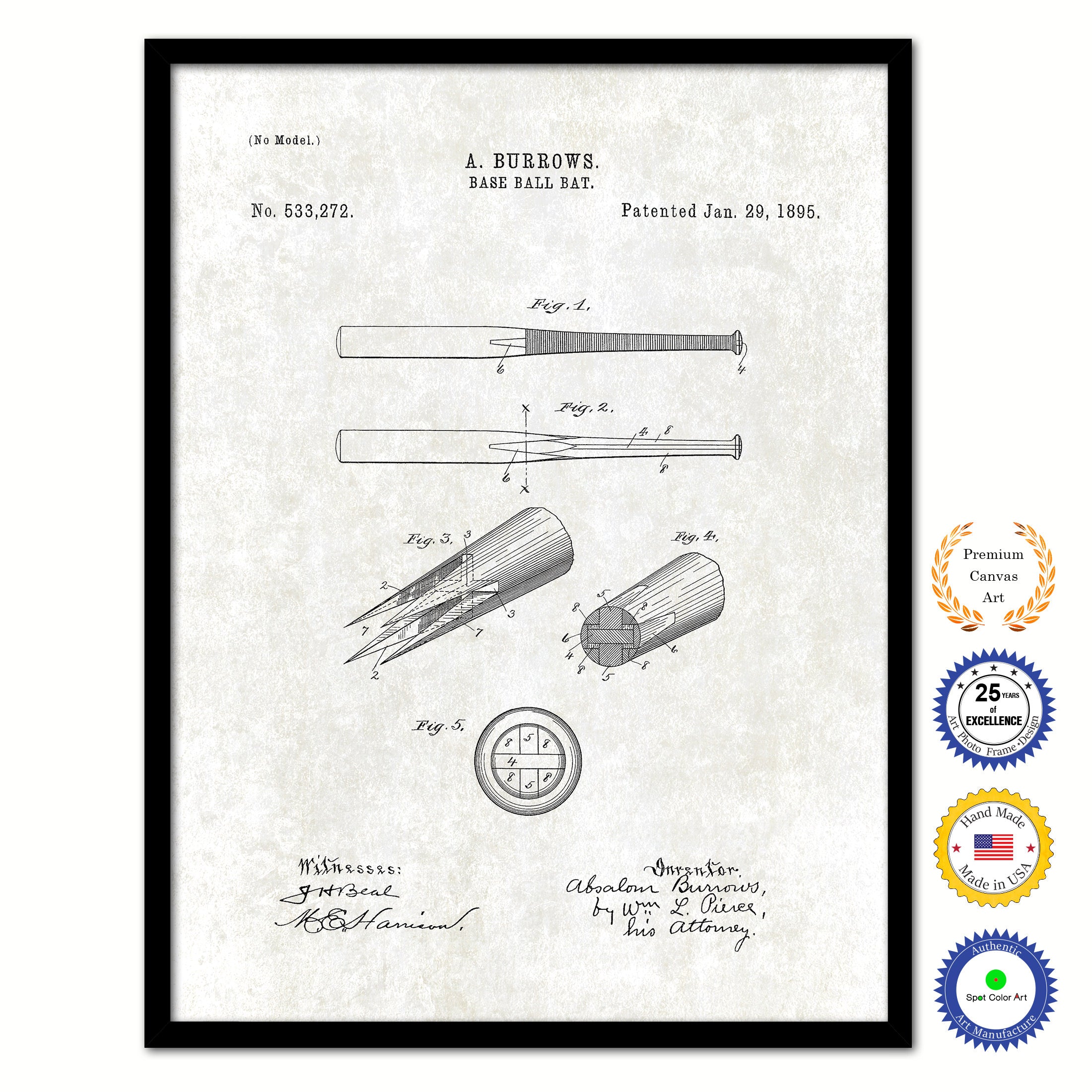 1895 Baseball Bat Old Patent Art Print on Canvas Custom Framed Vintage Home Decor Wall Decoration Great for Gifts