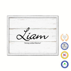 Liam Name Plate White Wash Wood Frame Canvas Print Boutique Cottage Decor Shabby Chic